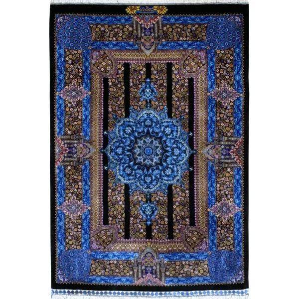 ذرع‌وچارک دستباف تمام ابریشم مشکی-آبی - بازار آنلاین فرش ابریشم دستباف - esilkcarpet