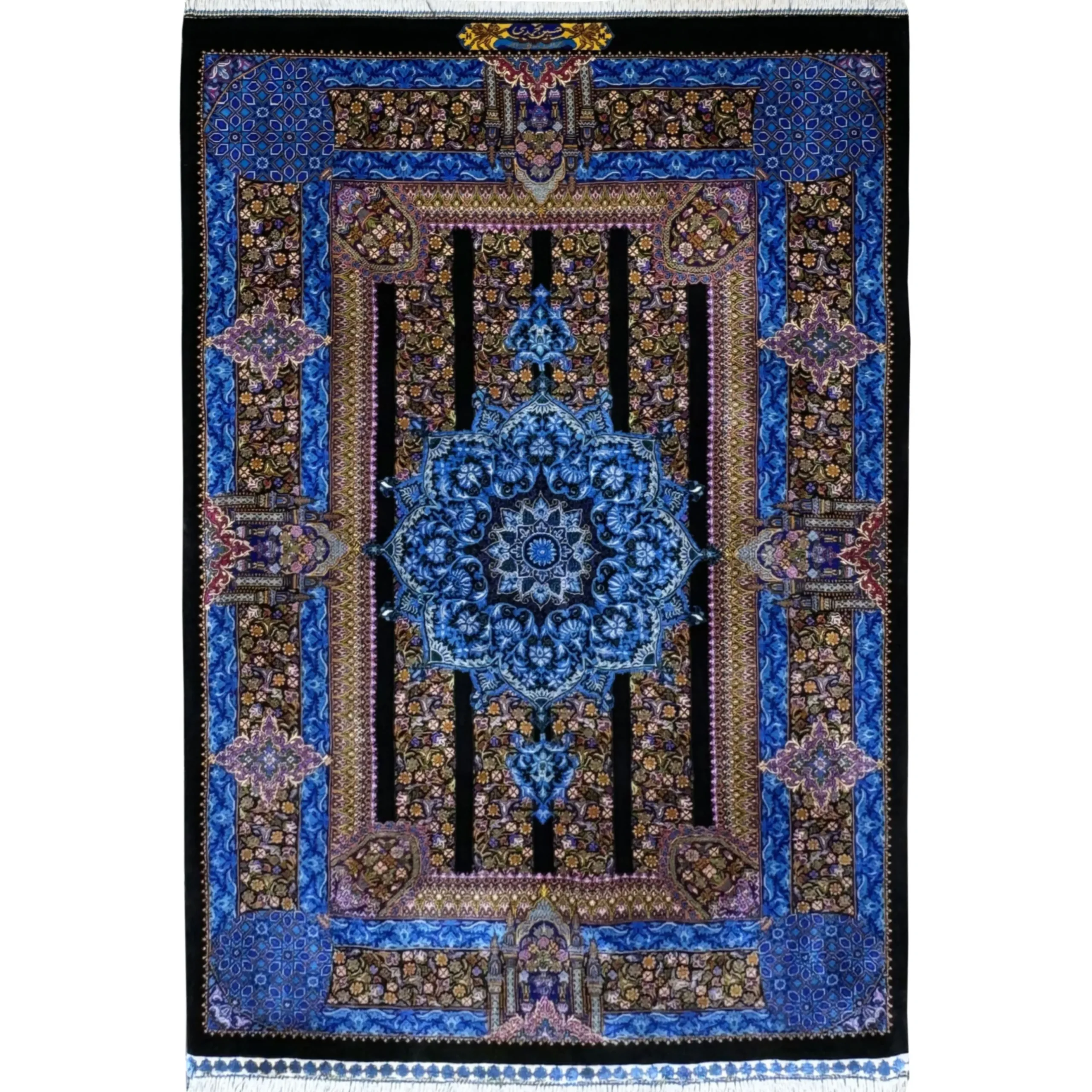 ذرعوچارک دستباف تمام ابریشم مشکی-آبی - بازار آنلاین فرش ابریشم دستباف - esilkcarpet
