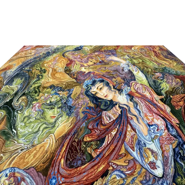 فرش پوسترباف مینیاتور استاد فرشچیان، یک اثر هنری دستباف عالی، موجود در esilkcarpet.com