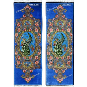 خرید بدون واسطه تابلوفرش‌ طاووس آبی سرمه‌ای ابریشم اصل