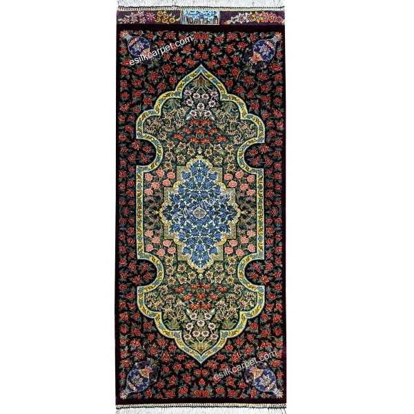 تابلوفرش ابریشم لچک ترنج زرشکی،رانر کلاسیک دستباف 105*44سانتیمتر