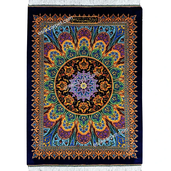تابلوفرش ابریشم ترنج سرمه‌ای،زیرتلفنی خاص برای دکوراسیون 58*42سانتیمتر، کد محصول B149