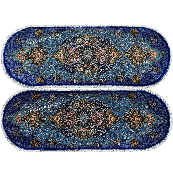 فرش ابریشم جفت بیضی ترنج آبی 30*90سانتیمتر