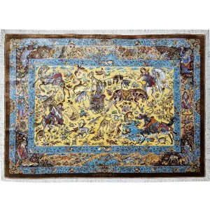فرش ابریشم شکارگاه کرم رنگ 104*152سانتیمتر