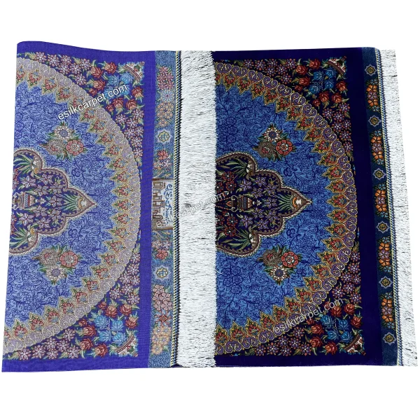 فرش ترنج زمینه آبی، لور بنفش 58*98 سانتیمتر – دستباف با طراحی بی‌نظیر برای دکوراسیون خاص. قابل مشاهده در esilkcarpet.com