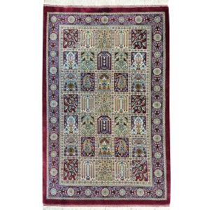 فرش دستباف ابریشم اصل طرح خشتی زرشکی 59*99سانتیمتر