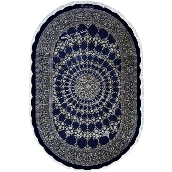 فرش ابریشم بیضی لوکس طرح گنبد سرمه‌ای 133*200سانتیمتر، کد محصول B128