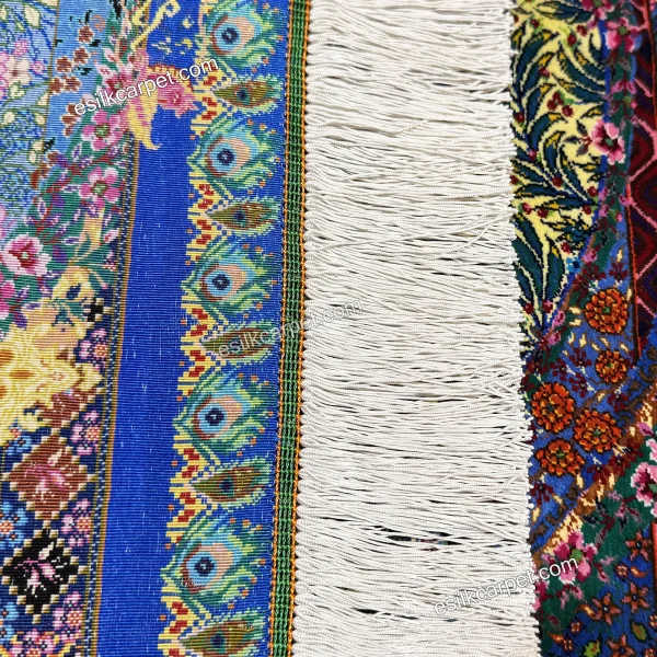 فرش نقشه طاووس لور سرمه‌ای 116*80 سانتیمتر تمام ابریشم قم - esilkcarpet.com