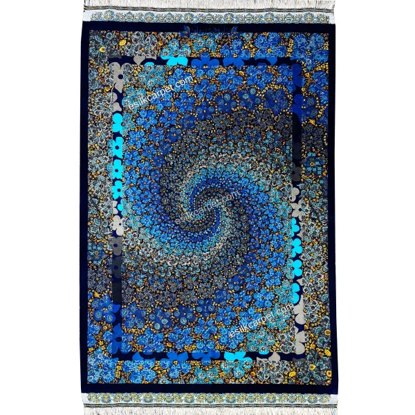 فرش چرخش افلاک سرمه‌ای تمام ابریشم قم سایز 127*79 سانتیمتر - esilkcarpet.com