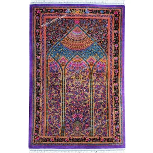 فرش دستباف ابریشم اصل طرح محراب بنفش 57*91سانتیمتر