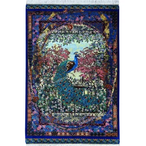 فرش نقشه طاووس لور سرمه‌ای 116*80 سانتیمتر تمام ابریشم قم - esilkcarpet.com