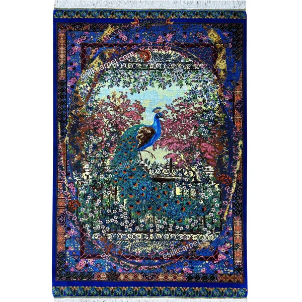 فرش نقشه طاووس لور سرمه‌ای 116*80 سانتیمتر تمام ابریشم قم - esilkcarpet.com