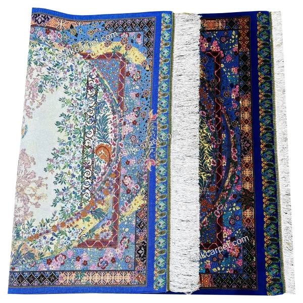 فرش نقشه طاووس لور سرمه‌ای 116*80 سانتیمتر تمام ابریشم قم - esilkcarpet.com