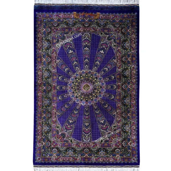 فرش نقشه ترنج زمینه بنفش تمام ابریشم قم سایز 125*79 سانتیمتر - esilkcarpet.com