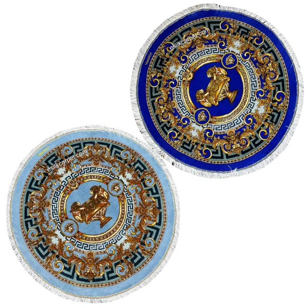 فرش ابریشم گرد ورساچه آبی قطر 58و60سانتیمتر