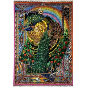 فرش تمام ابریشم دستباف طرح طاووس عاشق در بهشت با لور نارنجی‌صورتی - esilkcarpet
