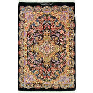 فرش ابریشم دستباف سنتی، ترنجی لور مشکی سایز 89*60 سانتیمتر