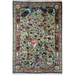 فرش ابریشم طرح شکارگاه، زمینه سبز، حاشیه طوسی، الهام‌گرفته از طبیعت - esilkcarpet