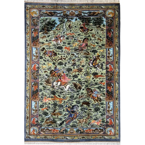 فرش ابریشم طرح شکارگاه، زمینه سبز، حاشیه طوسی، الهام‌گرفته از طبیعت - esilkcarpet