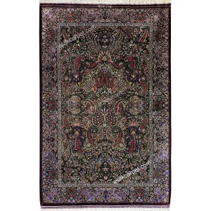 فرش ابریشم طرح بته جقه افشان بدون ترنج،شاهکار – زمینه مشکی و حاشیه بادمجانی، esilkcarpet.com