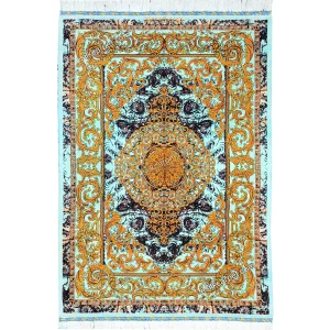 قیمت فرش ابریشم صادراتی ترنجی فیروزه‌ای لاکچری سایز 62*93 سانتیمتر
