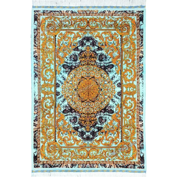 قیمت فرش ابریشم صادراتی ترنجی فیروزه‌ای لاکچری سایز 62*93 سانتیمتر