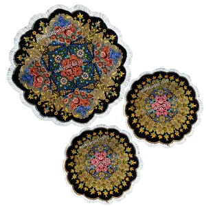 فرش ابریشم زیرتلفنی دایره گل رز بنفش تیره دستباف قم، قطر 41و 30سانتیمتر