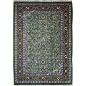 شاهکار ابریشم نقشه خشتی سنتی، رنگ سبز اشرافی و ترکیب رنگ‌های اصیل ایرانی - esilkcarpet.com