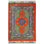 فرش ابریشم ممتاز تخت جمشید ترنجی نارنجی سایز 63*100سانتیمتر
