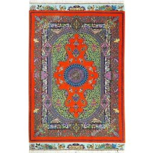 فرش ابریشم ممتاز تخت جمشید ترنجی نارنجی سایز 63*100سانتیمتر