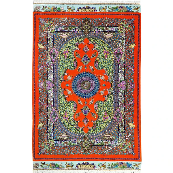 فرش ابریشم ممتاز تخت جمشید ترنجی نارنجی سایز 63*100سانتیمتر