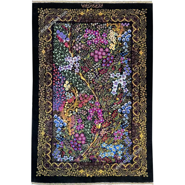 فرش ابریشم درختی مشکی نایاب در تهران سایز 89*57 سانتیمتر
