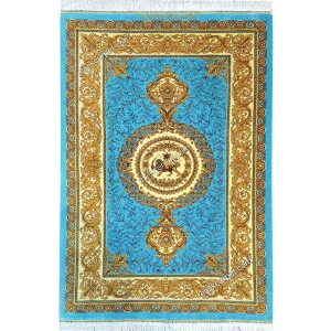 فرش ابریشم ترنجی شیر خورشید فیروزه‌ای با تراکم بالا سایز 59*89 سانتیمتر