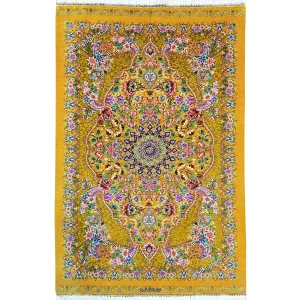 فرش دستباف ابریشم ترنجی با رنگ خاص خردلی سایز 93*58.5 سانتیمتر