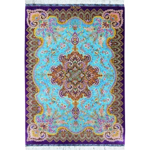 محبوب‌ترین فرش ابریشم ترنجی فیروزه‌ای لور بنفش سایز 62.5*90سانتیمتر
