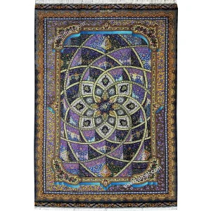 فرش دستباف ابریشم قم، طرح گنبد اسلیمی با زمینه سرمه‌ای تیره و لور طوسی، شاهکاری از هنر ایرانی و اصالت معماری اسلامی، سایز 195*126سانتیمتر، esilkcarpet.com