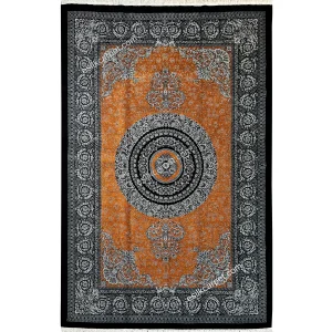 فرش ابریشم دستباف قم لچک ترنج سلطنتی نارنجی - کناره مشکی و حاشیه نقره‌ای، esilkcarpet.com