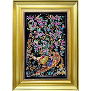 نمای کلی فرش دستباف طرح درختی و کبک و پرندگان، سایز ۶۸×۹۳ سانتیمتر – esilkcarpet.com