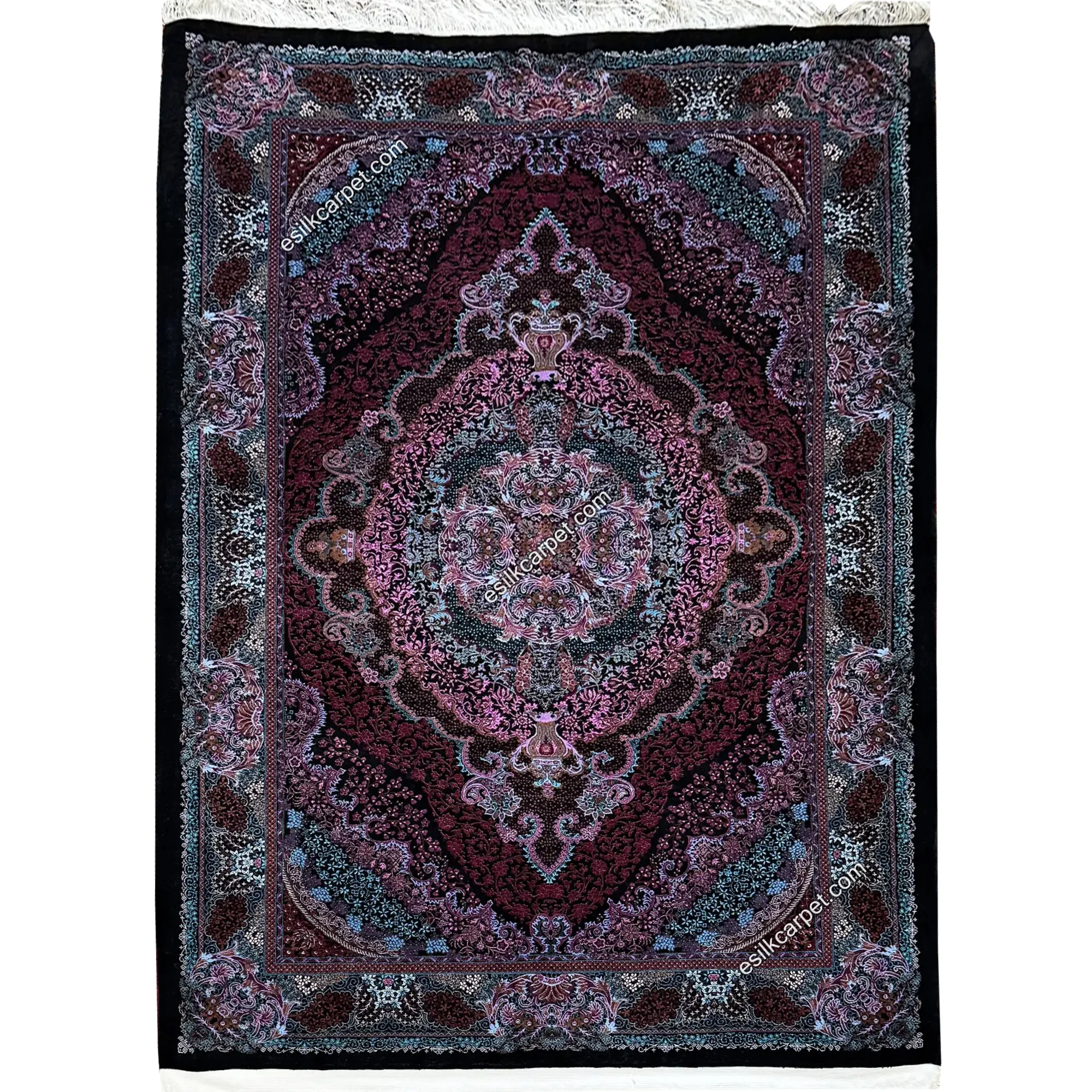 قالیچه پرده تمام ابریشم اصل طرح لچکترنج، سایز دقیق 228*150 سانتیمتر - esilkcarpet.com