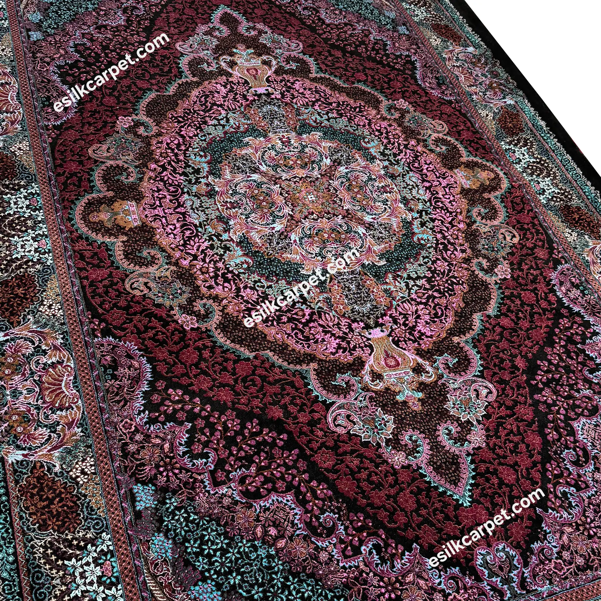 قالیچه پرده تمام ابریشم اصل طرح لچکترنج، سایز دقیق 228*150 سانتیمتر - esilkcarpet.com