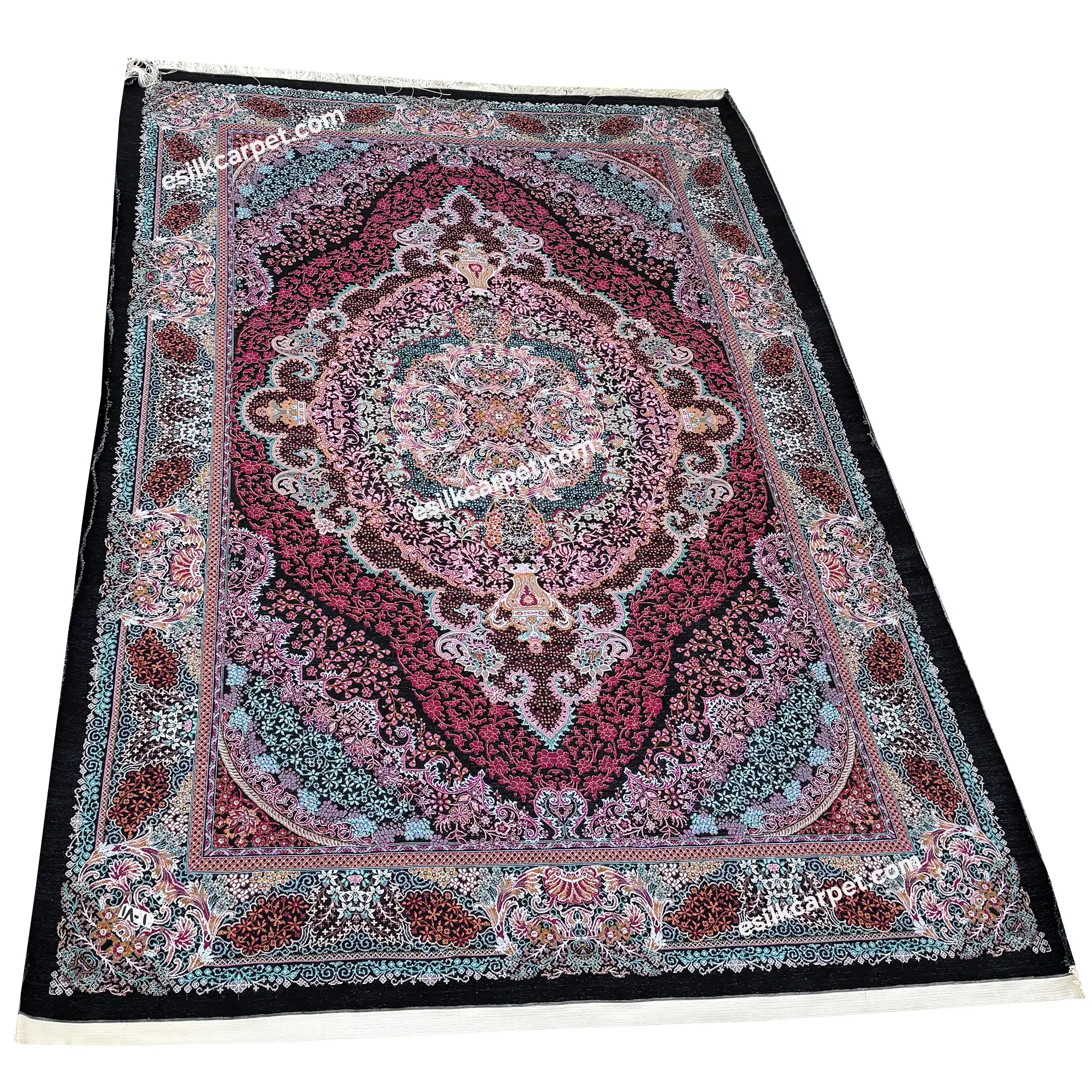 قالیچه پرده تمام ابریشم اصل طرح لچکترنج، سایز دقیق 228*150 سانتیمتر - esilkcarpet.com