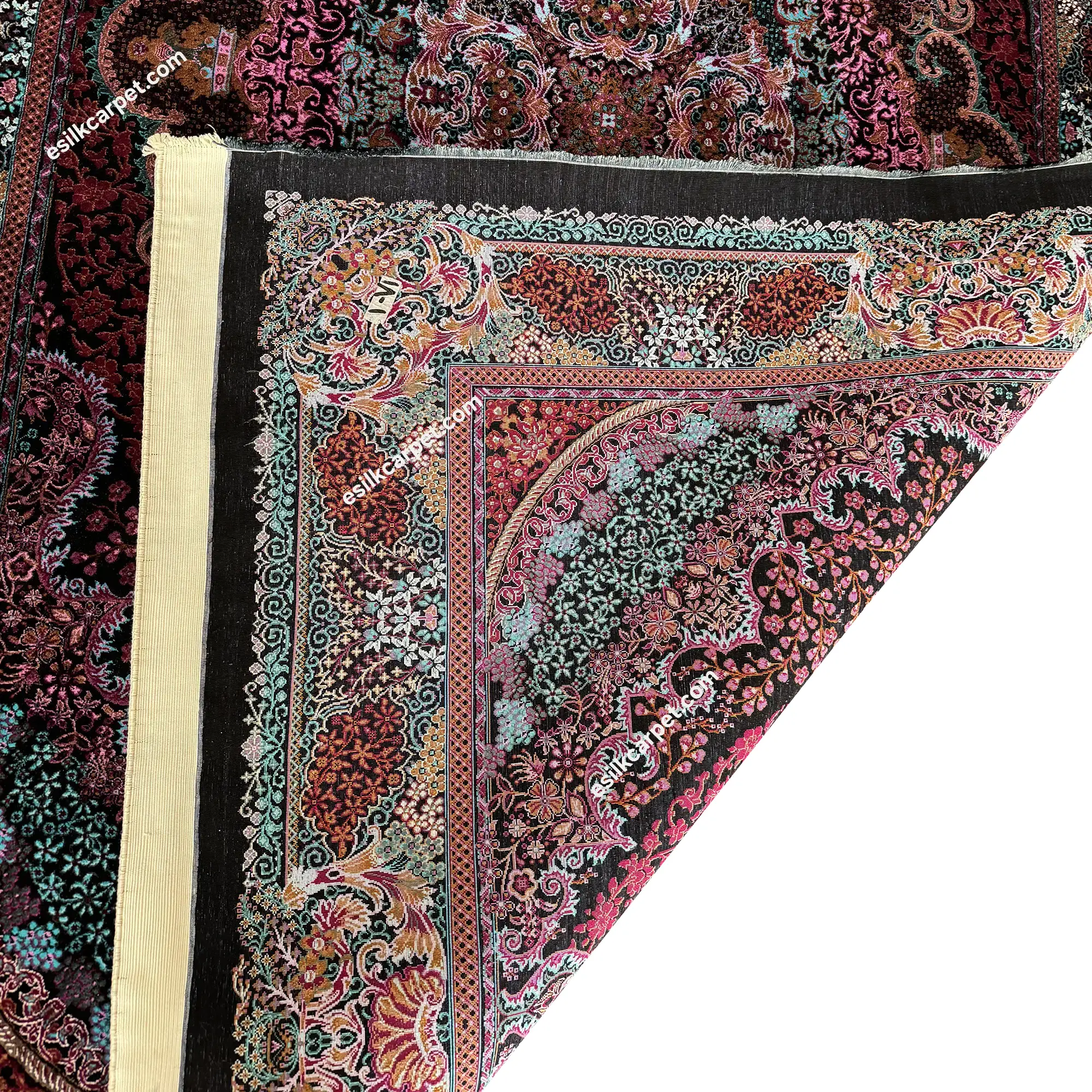 قالیچه پرده تمام ابریشم اصل طرح لچکترنج، سایز دقیق 228*150 سانتیمتر - esilkcarpet.com