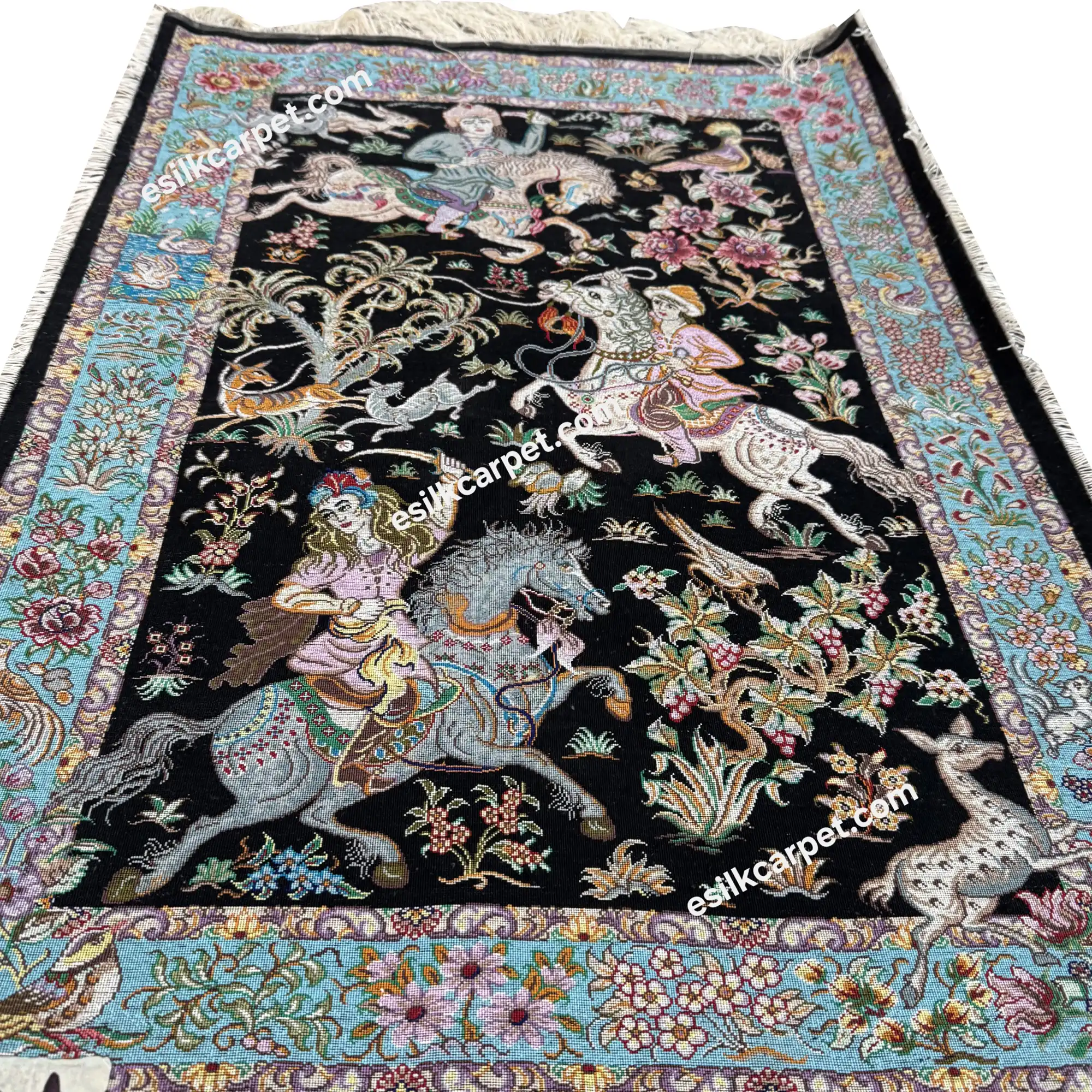 فرش تمام ابریشم اصل طرح شکارگاه، سایز پشتی 87*60 سانتیمتر - esilkcarpet.com
