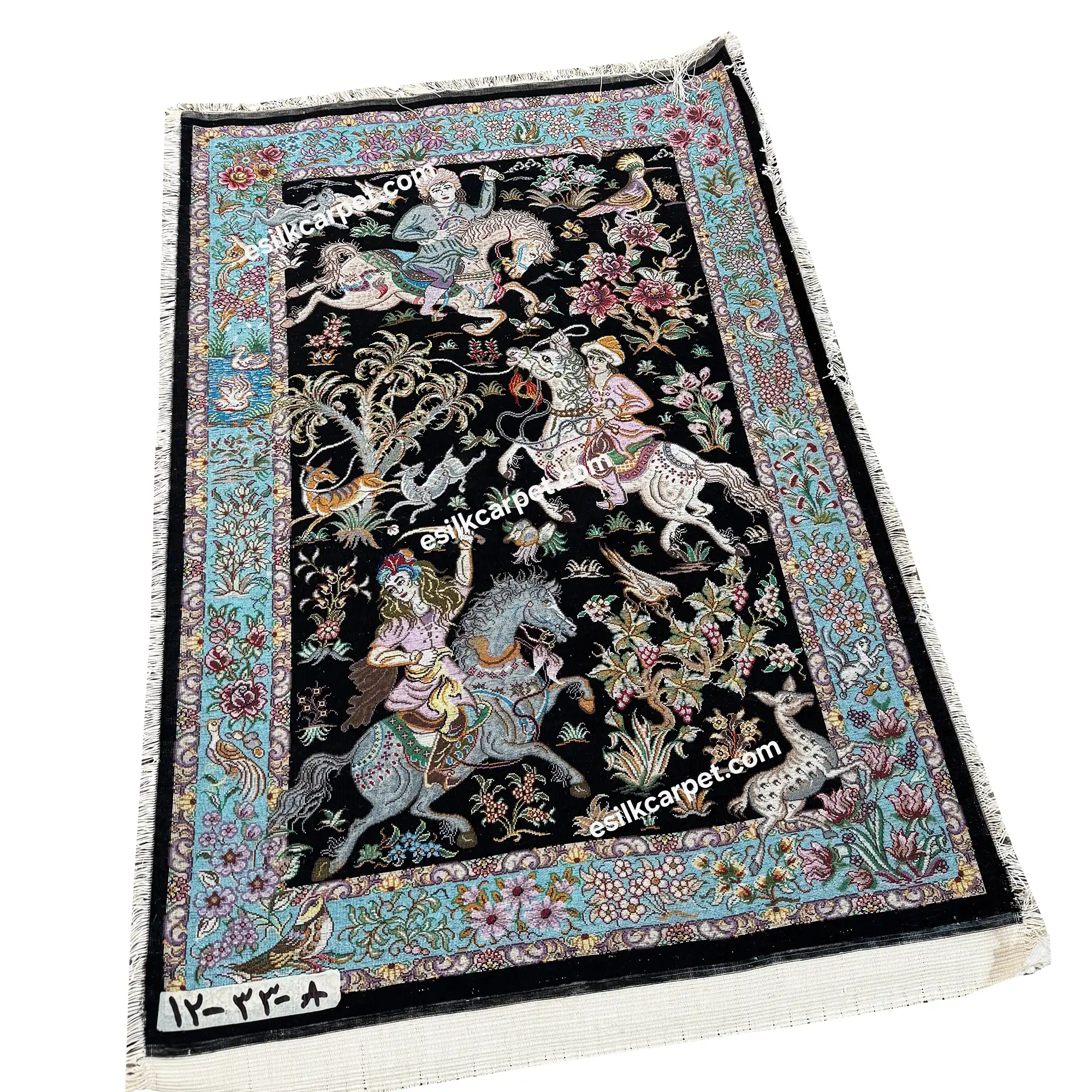 فرش تمام ابریشم اصل طرح شکارگاه، سایز پشتی 87*60 سانتیمتر - esilkcarpet.com