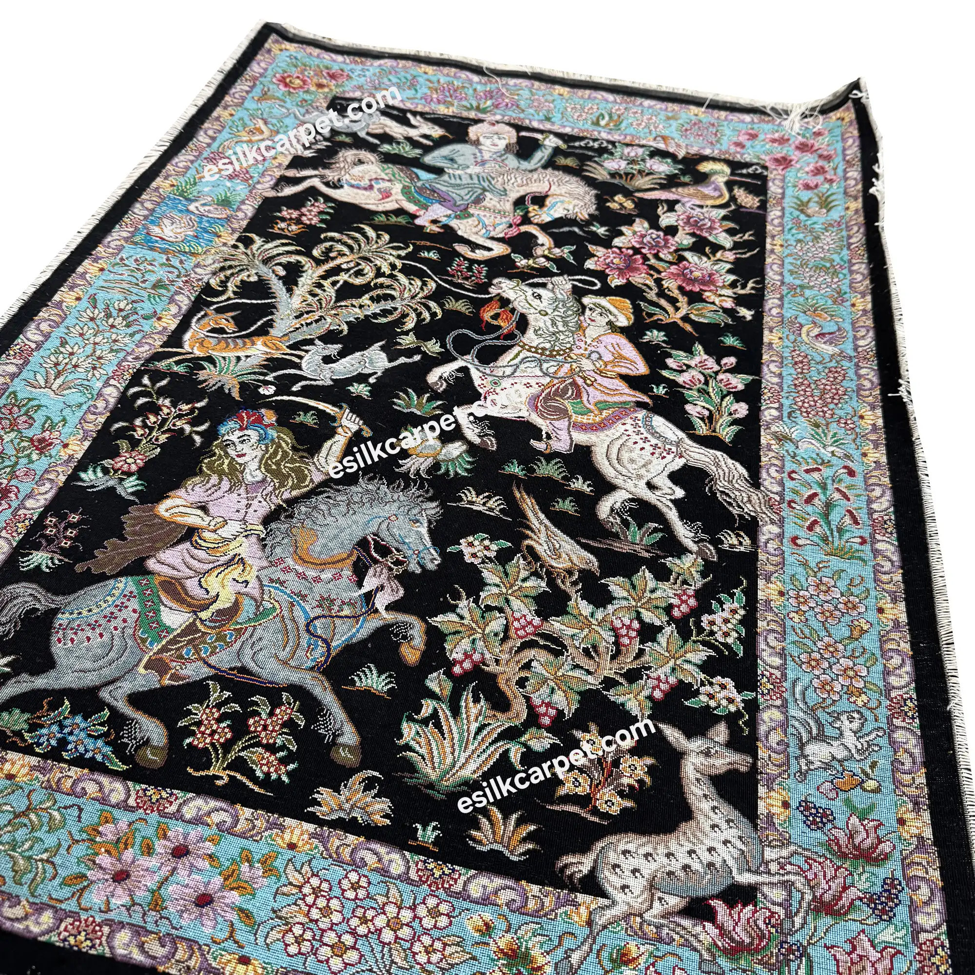فرش تمام ابریشم اصل طرح شکارگاه، سایز پشتی 87*60 سانتیمتر - esilkcarpet.com