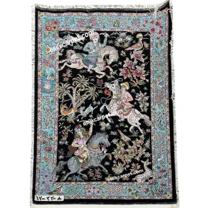 فرش تمام ابریشم اصل طرح شکارگاه، سایز پشتی 87*60 سانتیمتر - esilkcarpet.com