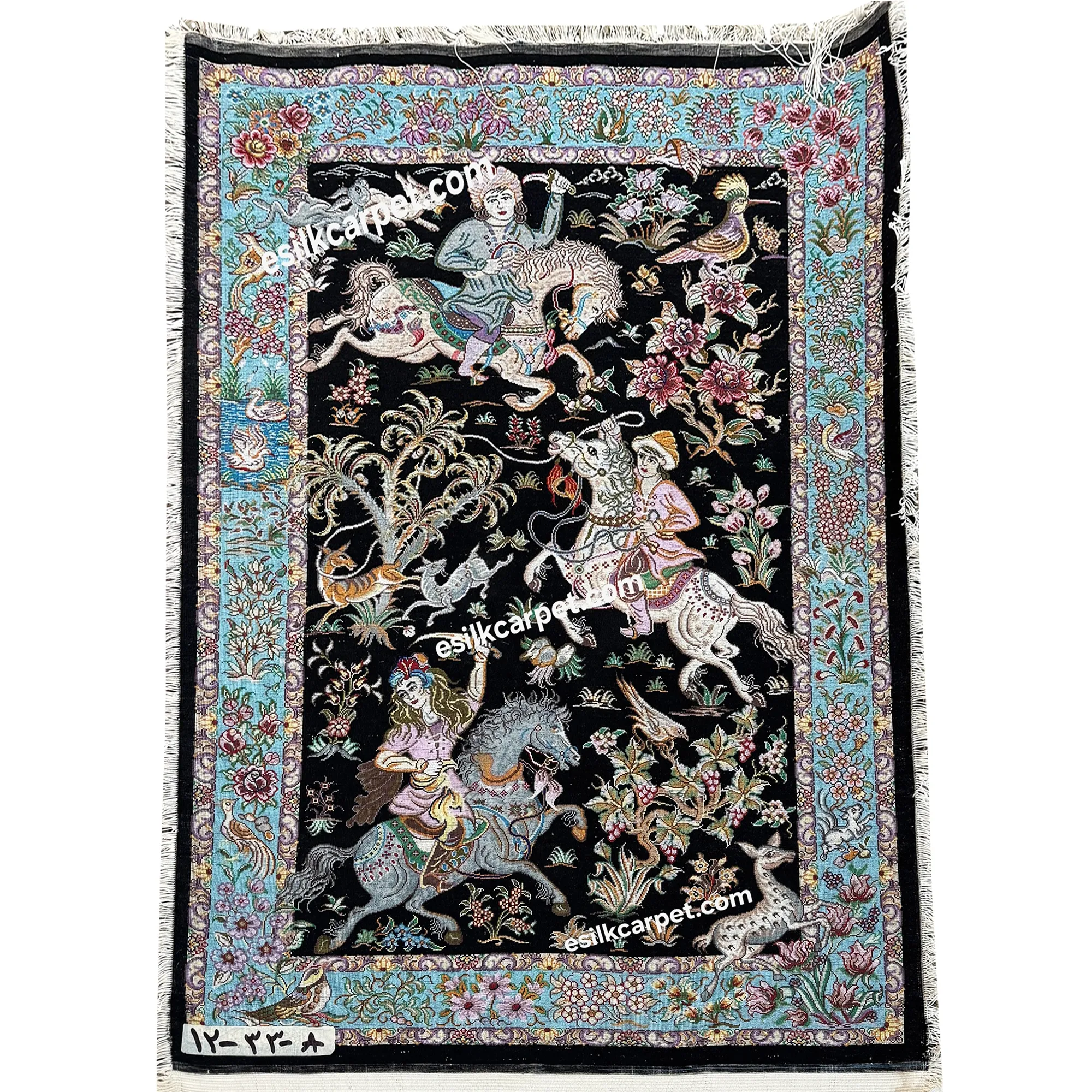 فرش تمام ابریشم اصل طرح شکارگاه، سایز پشتی 87*60 سانتیمتر - esilkcarpet.com