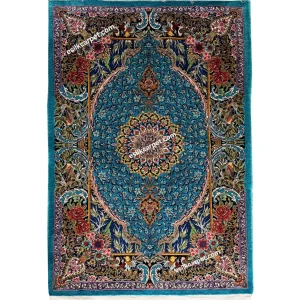 ذرعوچارک تمام ابریشم طرح لچکترنج آبی-کلهغازی، سایز دقیق 119*80 سانتیمتر - esilkcarpet.com