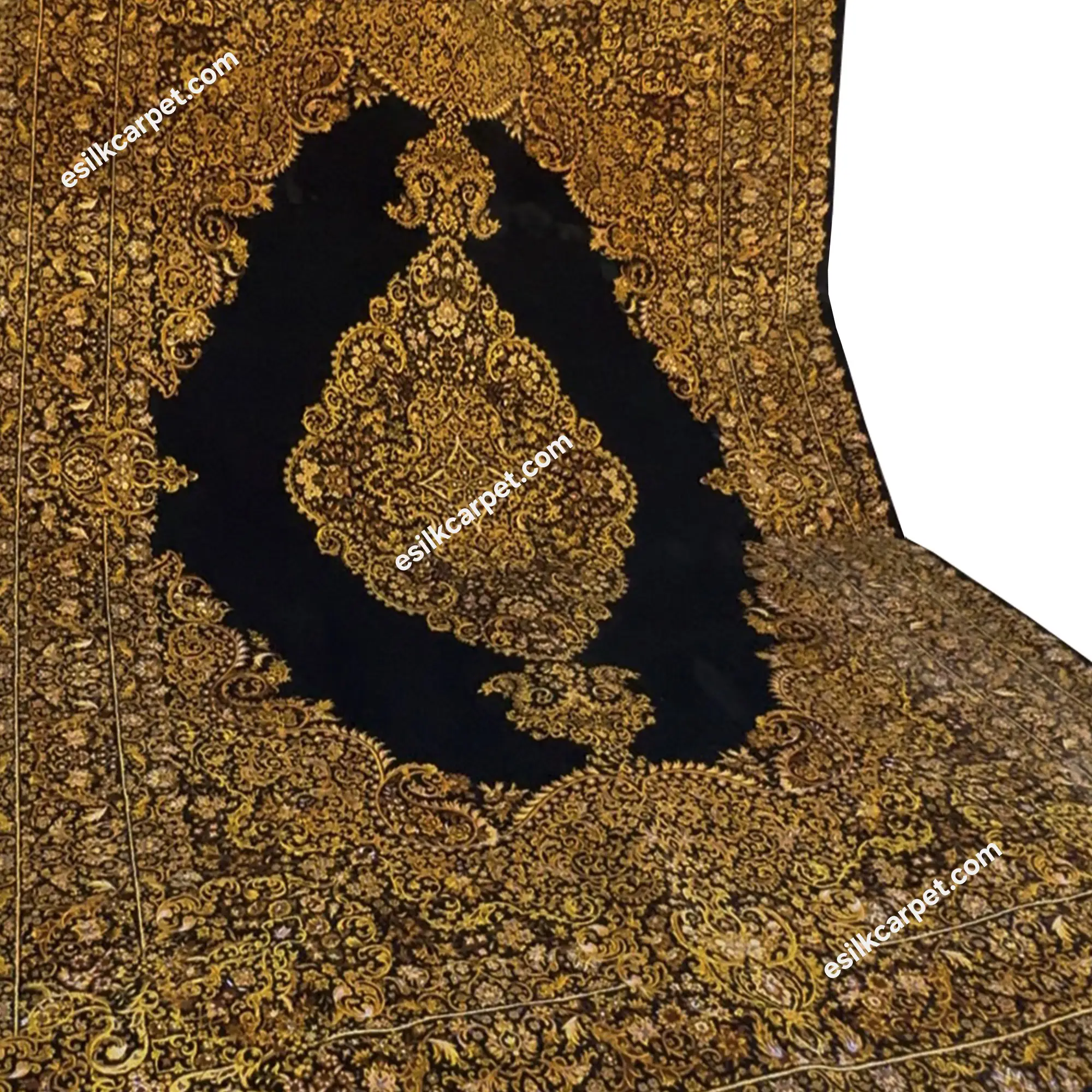 فرش ابریشم 6متری لچکترنج مشکی-طلایی - esilkcarpet.com