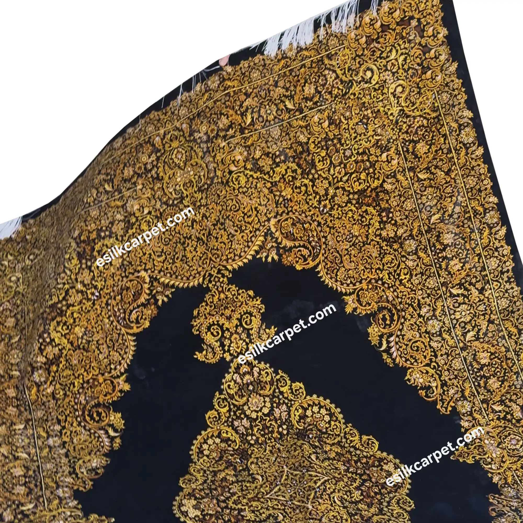 فرش ابریشم 6متری لچکترنج مشکی-طلایی - esilkcarpet.com